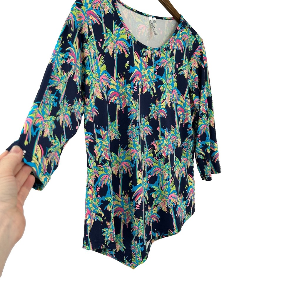 Lulu B Tropical Floral Top Women M Asymmetric 3/4 Sleeve Coastal Colorful Stretc